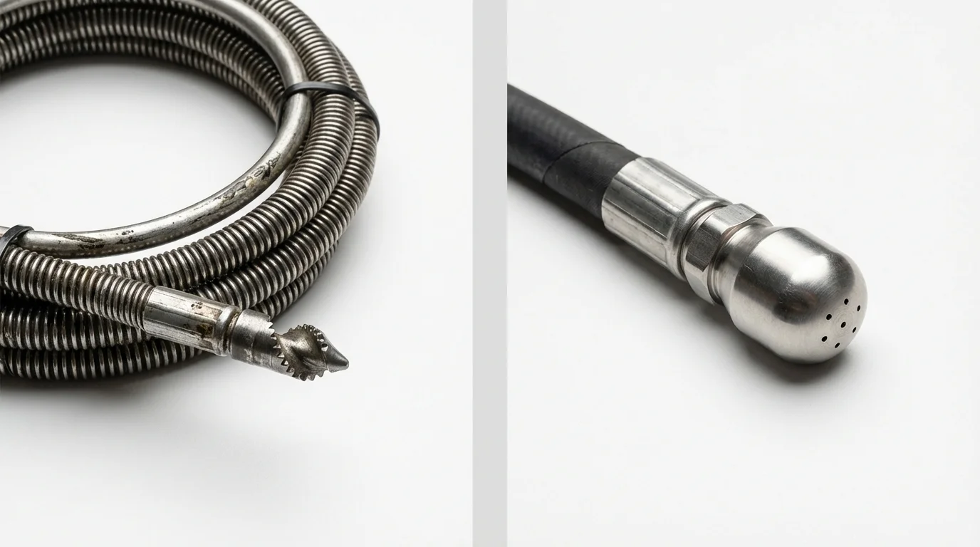 Drain snake cable and hydro jetting nozzle used for drain cleaning in Hudson, IA