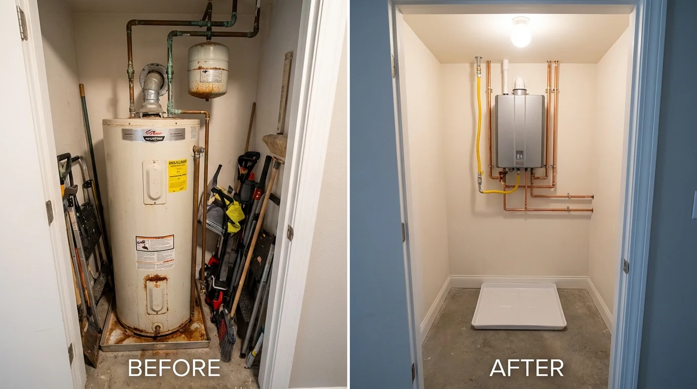 Tank water heater versus wall-mounted tankless unit comparison for Hudson, IA homeowners