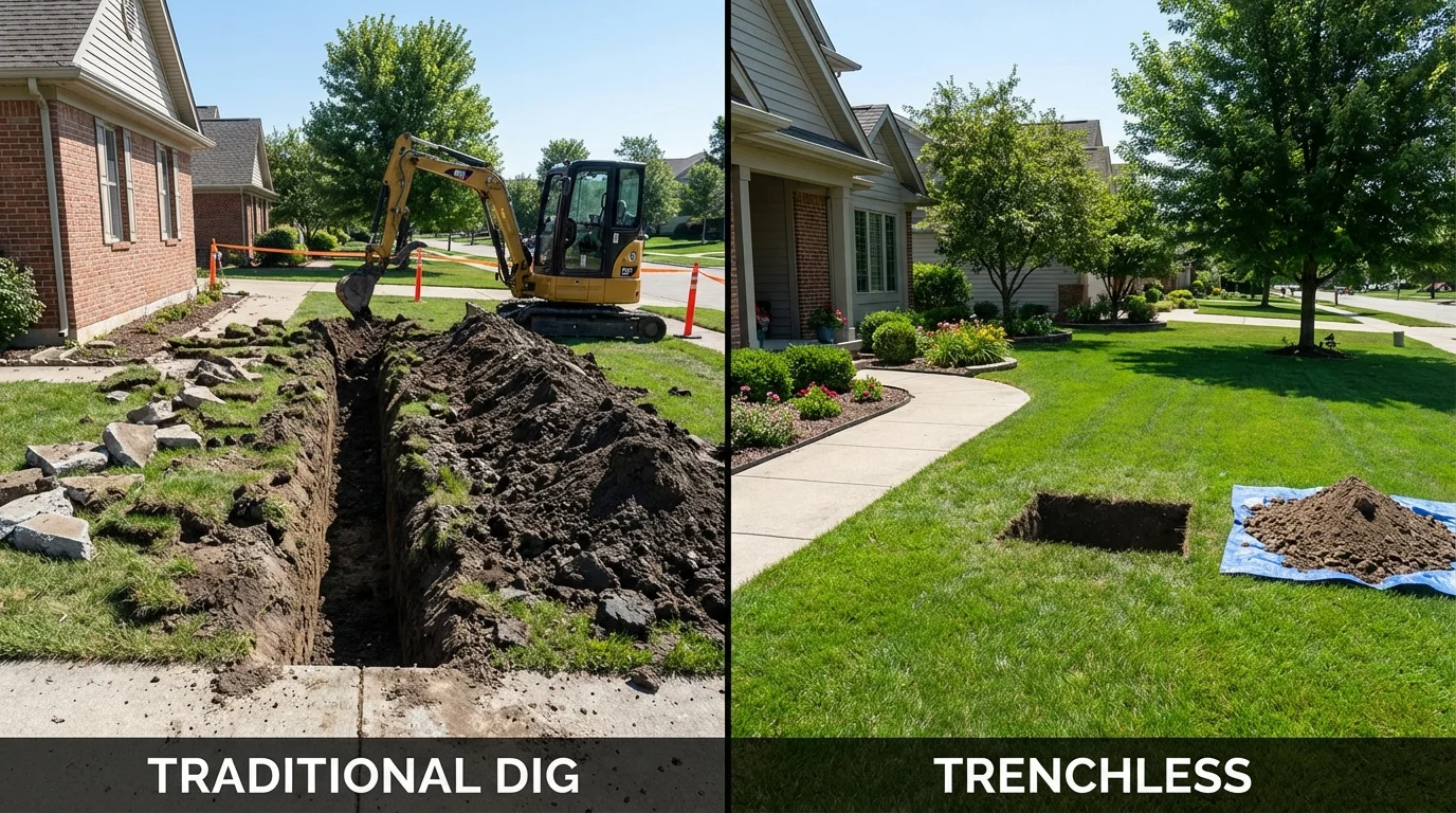 Trenchless sewer repair with minimal yard damage versus traditional excavation in Hudson, IA
