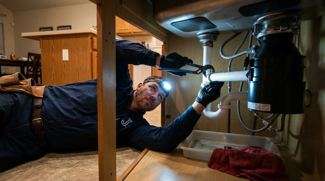 P-trap and supply line connections under a kitchen sink showing a common leak point in Hudson, IA